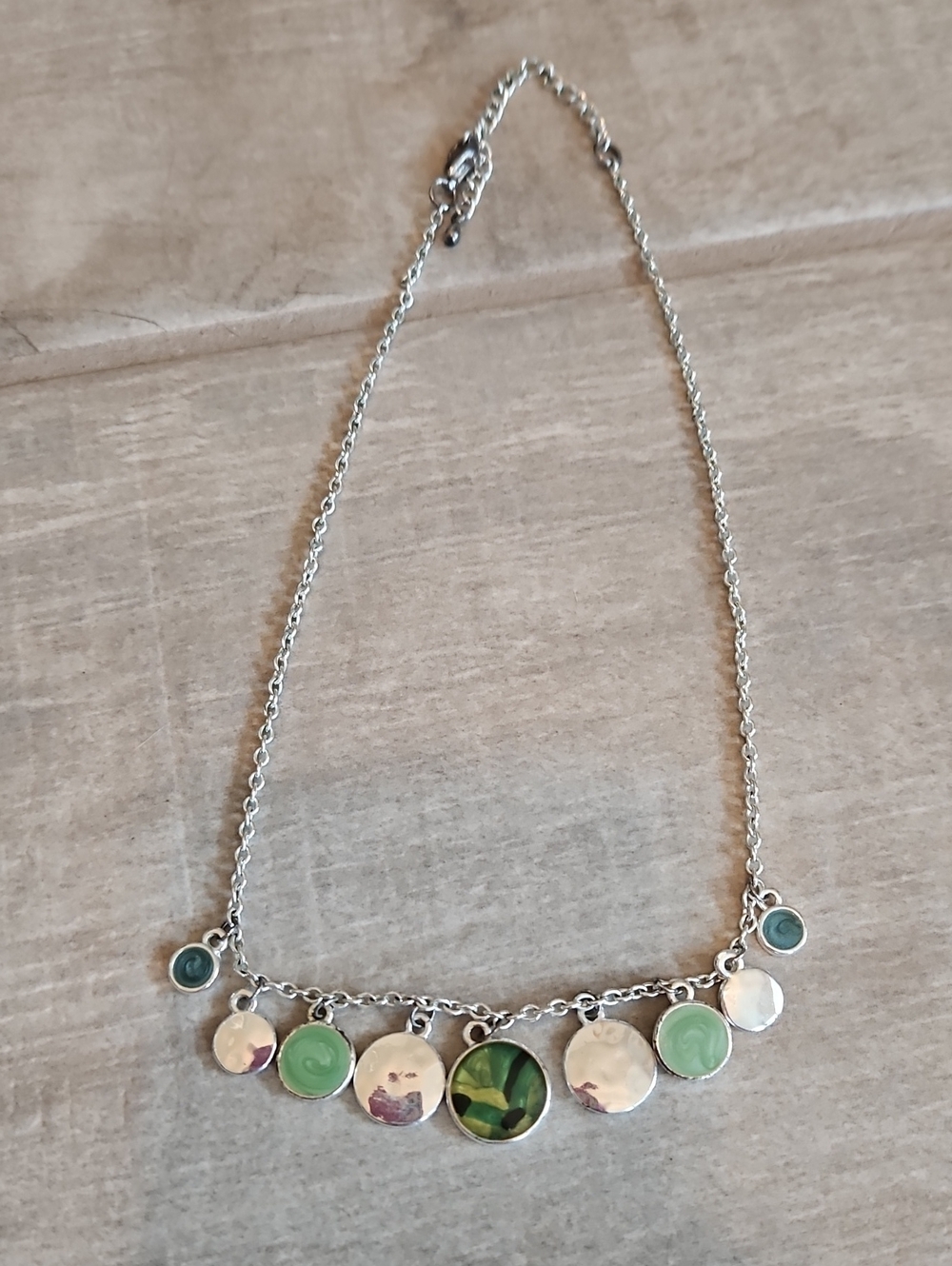 Silver-Tone Green Accent Disc Charm Necklace